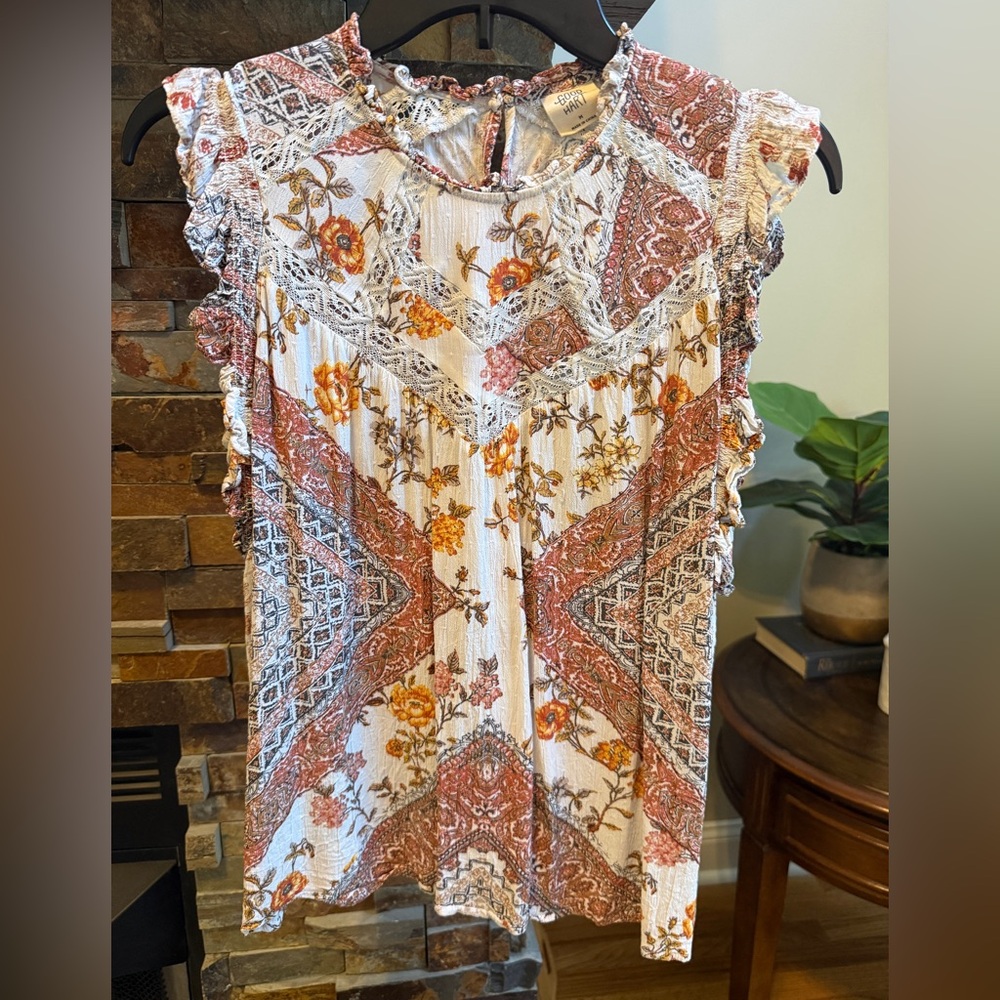 Good Hart by Matilda Jane Boho Floral Ruffle Sleeve Women’s Top in Cream & Rust